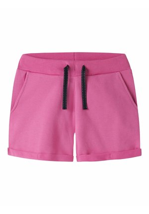 Pantaloni scurți pentru fete, din bumbac roz, cu talie elastică, șnur negru, buzunare laterale și tivuri întoarse.