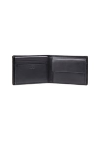 Sort læderpung med en bifold-design, der har kortlommer og en sektion til sedler. Glat tekstur, minimal syning og ingen synlig hardware.