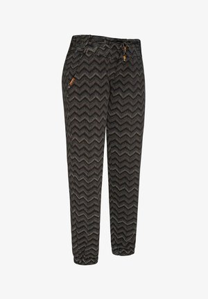 Sorte joggingbukser med hvid zigzag-mønster, elastisk taljebånd med snøre, lynlåslomme i siden og elastiske manchetter.