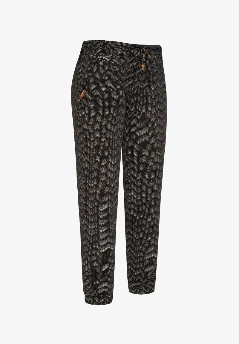 Pantalon de jogging noir avec motif zigzag blanc, taille élastique avec cordon, poche latérale zippée et poignets élastiques.
