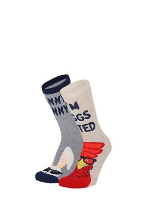 Two colorful socks, one gray with a white bunny and black text, the other beige with a red rooster wearing glasses and dark text.