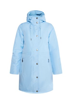 Lichtblauwe waterdichte jas met een capuchon, voorknopen, twee zijzakken en trekkoordjes voor een verstelbare pasvorm. Gladde textuur.