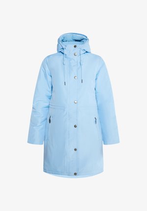 Vaaleansininen vedenpitävä takki, jossa on huppu, edessä napitukko, kaksi sivutaskua ja kiristysnyörit säädettävää istuvuutta varten. Sileä pinta.