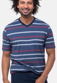 Striped T-shirt in navy blue, featuring gray and burgundy stripes, short sleeves, and a V-neck design with a soft texture.