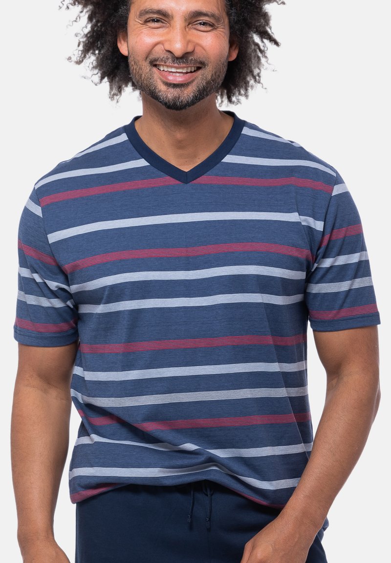 Striped T-shirt in navy blue, featuring gray and burgundy stripes, short sleeves, and a V-neck design with a soft texture.