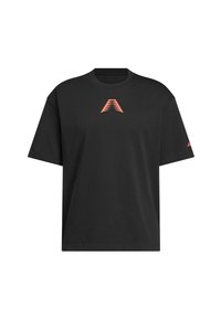 Black short-sleeve T-shirt made of cotton, featuring a stylized red logo on the chest and a small logo accent on the left sleeve.