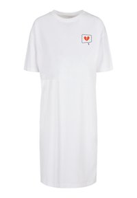 Biela oversize T-shirt šaty s krátkymi rukávmi, s červenou zlomenou srdcovou grafikou vo vnútri bubliny z textu. Mäkka bavlnená tkanina.