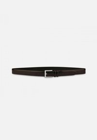 Cintura in pelle marrone con un design elegante, dotata di una fibbia in metallo argentato e fori di regolazione per la misura. Texture liscia e stile minimalista.