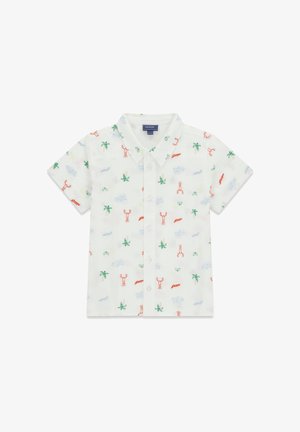 Biała koszula z krótkim rękawem na guziki, z kołnierzykiem, ozdobiona małymi kolorowymi nadrukami homarów, palm oraz napisu "Guess" rozmieszczonymi na całej tkaninie.