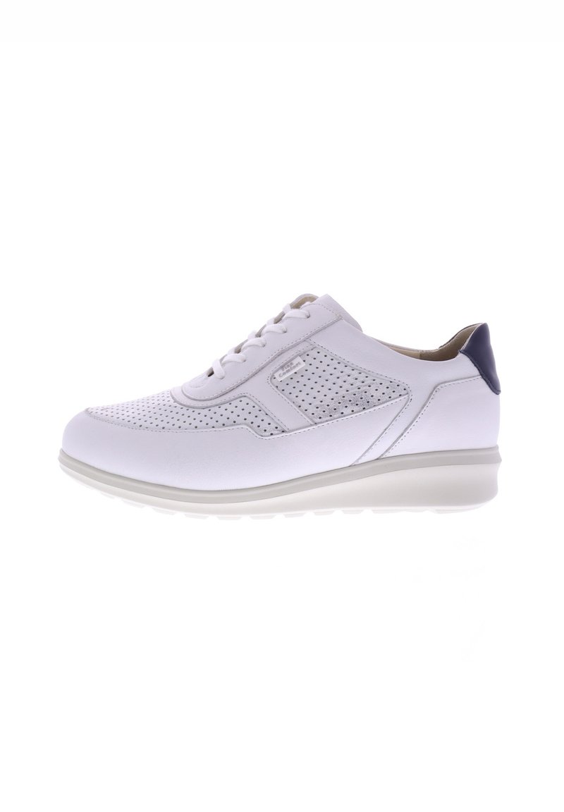 White lace-up sneaker with perforated leather design and navy accent at heel. Rounded rubber sole and smooth texture. Overall streamlined shape.