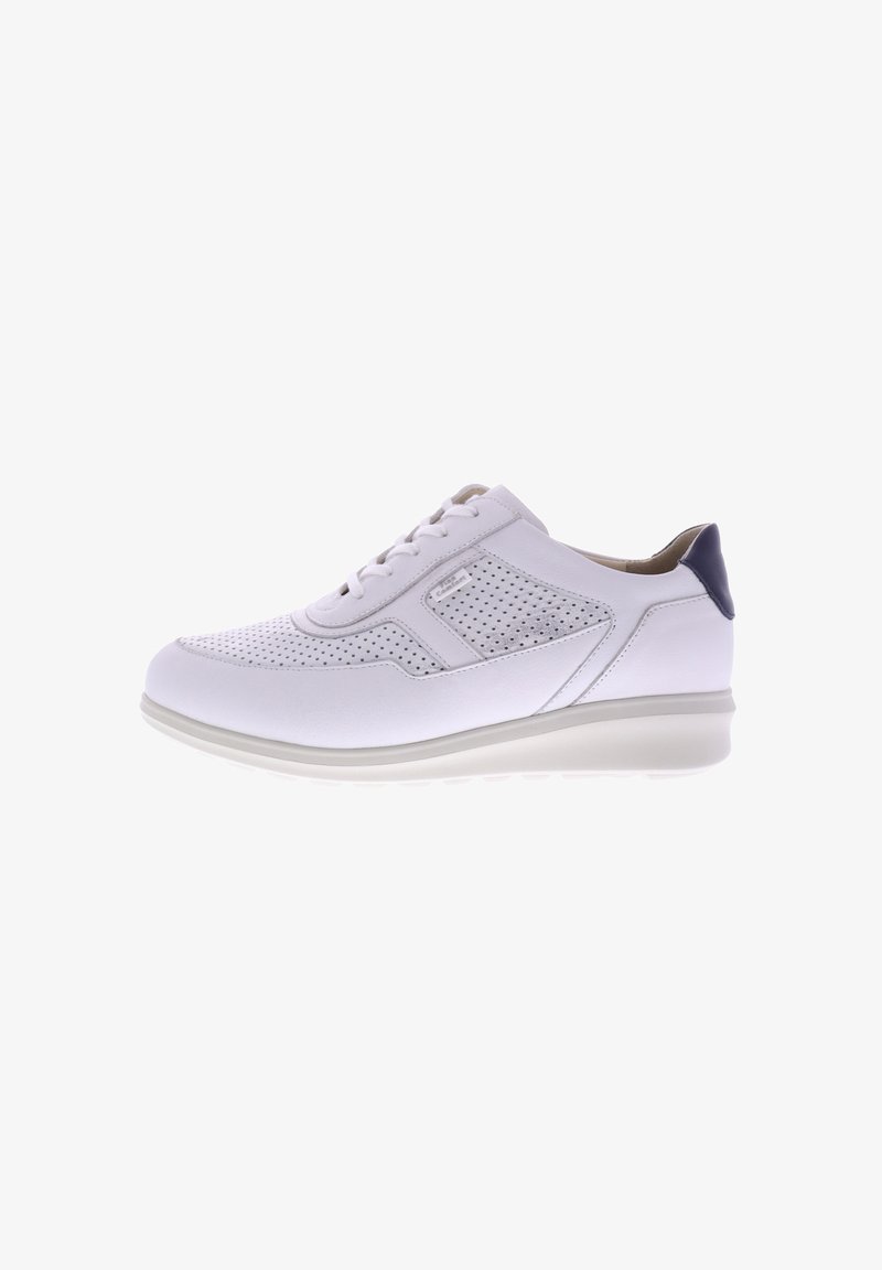 White lace-up sneaker with perforated leather design and navy accent at heel. Rounded rubber sole and smooth texture. Overall streamlined shape.