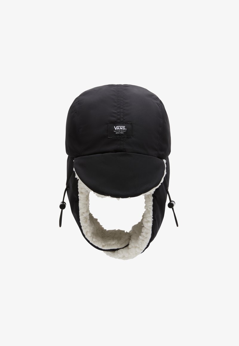 Chapeau d'hiver trapper Vans noir avec doublure en polaire blanche, sangles latérales réglables et écusson logo à l'avant portant l'inscription "Vans Off The Wall Depuis 1966".