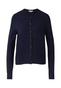 Marineblauwe cardigan van zachte stof, met een ronde halslijn, lange mouwen, zes knoopsluitingen en geribbelde onderrand en mouwen.