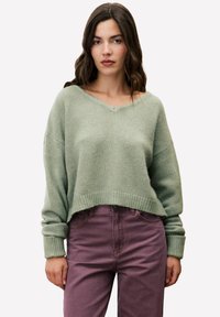 Grüner Strickpullover mit V-Ausschnitt, weiten Ärmeln und geripptem Saum. Kombiniert mit lila Jeans für einen lässigen Look. Weiche Textur.