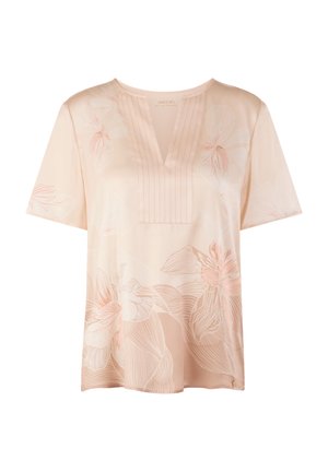 Hellrosa Kurzarm-Top mit V-Ausschnitt, ausgestattet mit einer strukturierten Faltenoptik und floralem Muster in dunkleren Rosatönen. Weicher Stoff.