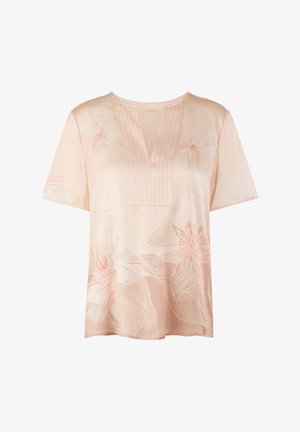 Hellrosa Kurzarm-Top mit V-Ausschnitt, ausgestattet mit einer strukturierten Faltenoptik und floralem Muster in dunkleren Rosatönen. Weicher Stoff.