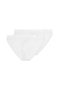 Witte katoenen slips, rekbare stof, klassieke snit, elastische tailleband, tweedelige set, gladde textuur, geen zichtbare patronen of accenten.