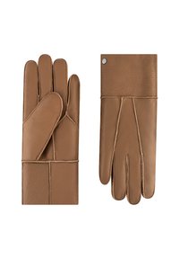 Brown leather gloves with a soft texture, featuring a classic design, five finger construction, and decorative stitching along the seams.