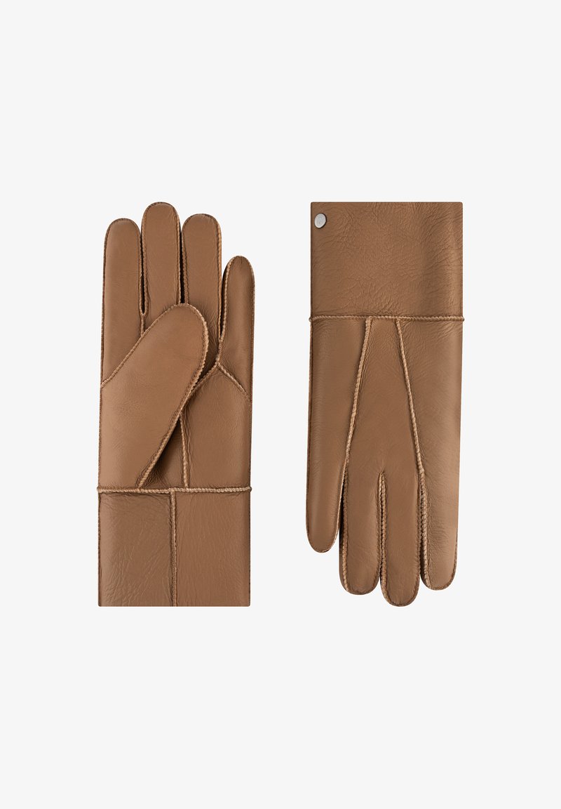 Brown leather gloves with a soft texture, featuring a classic design, five finger construction, and decorative stitching along the seams.