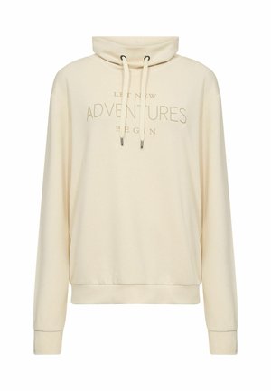 Felpa color crema con colletto alto, dettagli con coulisse e il testo "CHE INIZINO NUOVE AVVENTURE" in rilievo sulla parte anteriore.