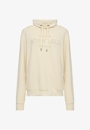 Cremefarbener Pullover mit hohem Kragen, Zugbanddetails und dem eingeprägten Text "LASS NEUE ABENTEUER BEGINNEN" auf der Vorderseite.