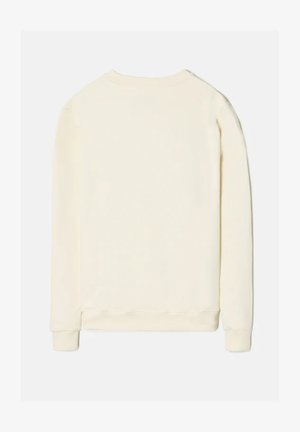 Sweat-shirt à manches longues couleur crème avec poignets et ourlet côtelés, vu de dos sur un fond clair uni.