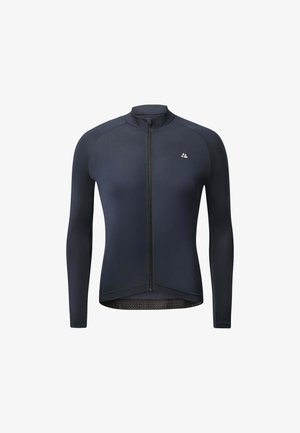 Langærmet cykeltrøje i mørkeblå, fremstillet af glat, elastisk stof. Har en fuld frontlynlås og en struktureret nederste kant. Lille logo på brystet.