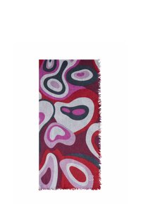 Geweven sjaal met abstract multikleurige patroon in tinten roze, rood en grijs, met franjes aan de randen en een zachte textuur.