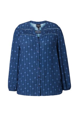 Marineblauwe blouse met lange mouwen, knoopsluiting aan de voorkant en transparante horizontale details over de borst. Versierd met verticale lijnen van kleine hartjes.
