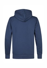 Felpa con cappuccio in tessuto blu scuro, con maniche lunghe, orlo a costine e una texture liscia. La vista posteriore mostra il cappuccio e un design semplice.