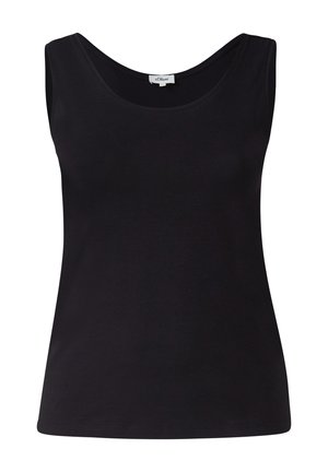 Zwarte mouwloze top, gemaakt van gladde stof. Heeft een ronde halslijn en een aansluitend ontwerp. Geen zichtbare patronen of extra accenten.