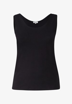 Zwarte mouwloze top, gemaakt van gladde stof. Heeft een ronde halslijn en een aansluitend ontwerp. Geen zichtbare patronen of extra accenten.