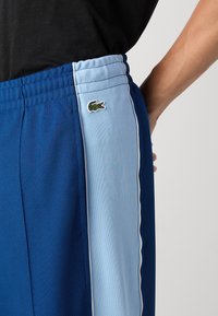 Pantalones cortos deportivos azules con paneles laterales de color azul claro, cintura elástica y el logo del cocodrilo de Lacoste en el lado izquierdo. Tejido texturizado.