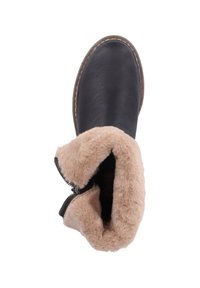 Botte en cuir noir au niveau de la cheville avec doublure en fausse fourrure beige. Équipée d'une fermeture éclair sur le côté et d'une semelle robuste. La conception à bout arrondi améliore le confort.