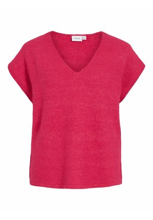 V-hals, kortærmet top i klar pink. Blødt, struktureret strikstof med afslappet pasform og lige kant. Mærkeetiket synlig ved halsen.