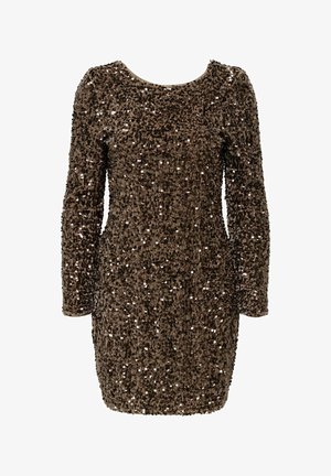 Vestido ajustado de mangas cortas cubierto de lentejuelas marrones, con un escote redondo y una textura suave.
