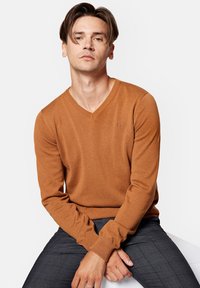 Sweter w serek w ciepłym brązowym kolorze, wykonany z gładkiego materiału dzianinowego, z długimi rękawami i małym akcentem logo na klatce piersiowej.