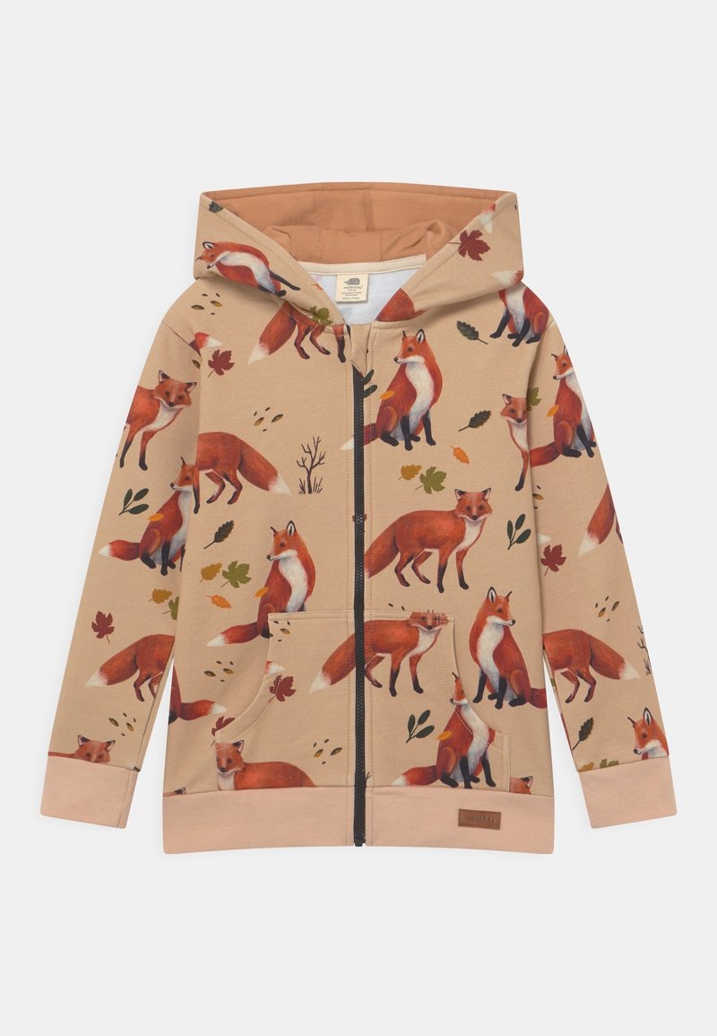 Beige zip-up hoodie med ett mönster av en räv och löv. Har en huva, framfickor och elastiska ärmslut. Tillverkad av mjukt tyg.