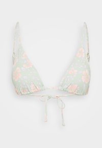 Mėtų žalia gėlių bikini viršus su trikampiais puodeliais, reguliuojamomis petnešėlėmis ir priekine raištelių detale. Puošia pastelinių rožinių gėlių ir žalių lapų raštas.