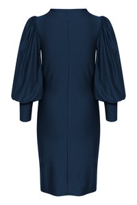 Navy blue dress with puffed long sleeves, fitted silhouette, and crew neckline. Smooth fabric texture, mid-thigh length, central back seam detail.