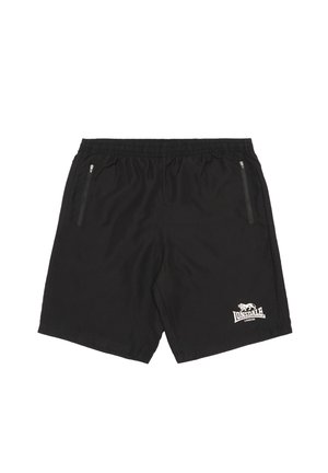Pantaloncini neri in tessuto leggero con vita elastica, dotati di due tasche laterali con zip e un logo bianco sulla gamba sinistra.