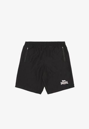 Melnas šortas no viegla auduma ar elastīgu jostu, aprīkots ar divām sānu kabatām ar rāvējslēdzēju un baltu logo uz kreisās kājas.