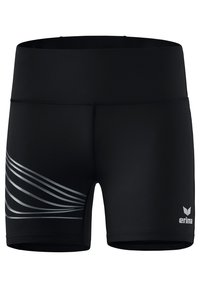 Shorts de sport noirs en tissu extensible, présentant un motif en vagues argentées sur le côté gauche et un logo blanc en bas à droite.
