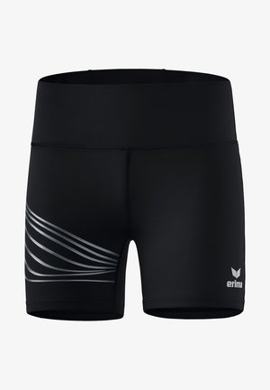 Pantaloncini sportivi neri realizzati in tessuto elasticizzato, con un motivo a onda argentato sul lato sinistro e un logo bianco in basso a destra.