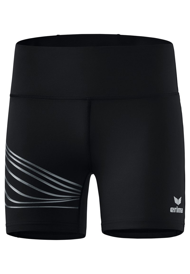 Shorts de sport noirs en tissu extensible, présentant un motif en vagues argentées sur le côté gauche et un logo blanc en bas à droite.
