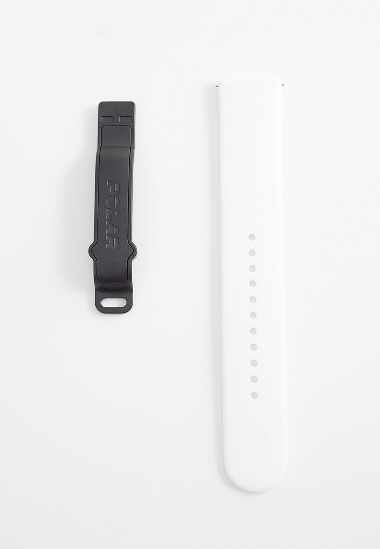 El conjunto de correas para reloj Polar incluye una correa de silicona negra con logotipo en relieve y una correa texturizada blanca con múltiples agujeros de ajuste.