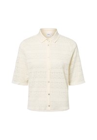 Kurzärmliges Hemd mit Kragen in Creme, aus strukturiertem Spitze mit horizontalen Mustern, ausgestattet mit einer durchgehenden Knopfleiste und dekorativen Knöpfen.