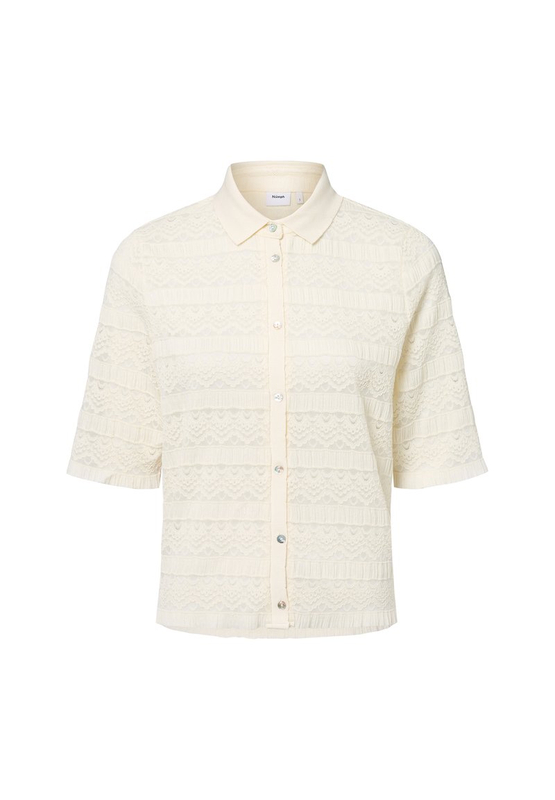 Kurzärmliges Hemd mit Kragen in Creme, aus strukturiertem Spitze mit horizontalen Mustern, ausgestattet mit einer durchgehenden Knopfleiste und dekorativen Knöpfen.