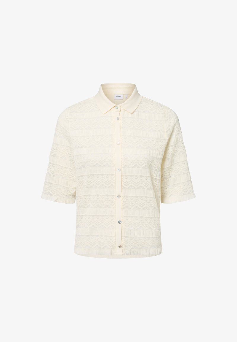 Kurzärmliges Hemd mit Kragen in Creme, aus strukturiertem Spitze mit horizontalen Mustern, ausgestattet mit einer durchgehenden Knopfleiste und dekorativen Knöpfen.