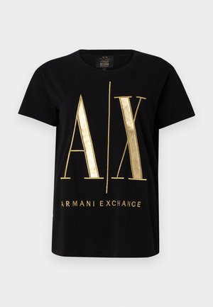 Črna bombažna majica s kratkimi rokavi, ki prikazuje izrazit zlat logo "A/X" in besedilo "ARMANI EXCHANGE", okroglo izreza, gladka tekstura.